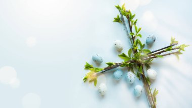 Paskalya çiçeği haçı ve beyaz arka planda Paskalya yumurtaları; Hıristiyan yaşam sembolü
