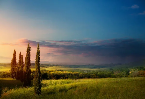 Italie Paysage Rural Avec Des Cyprès Sur Ferme Montagne — Photo