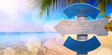 Hawaii yaz tatili konsepti; tropikal deniz kıyısı grubunda plaşma tabelası