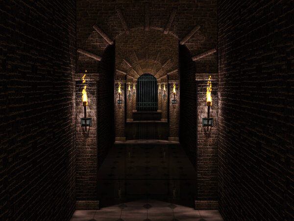 Средневековый коридор и железные ворота замка
