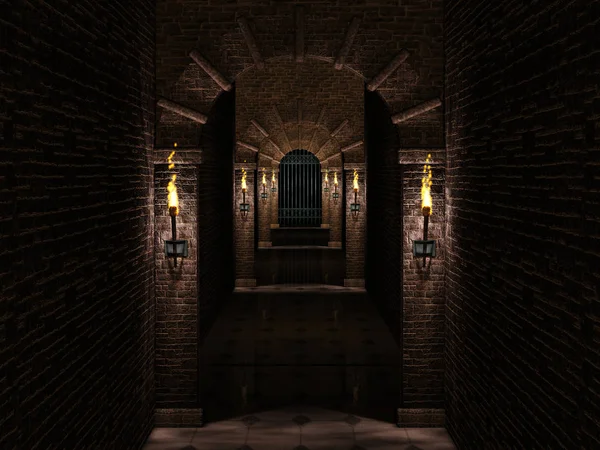 Średniowiecznych korytarzy i żelaza Zamkowa brama — Zdjęcie stockowe