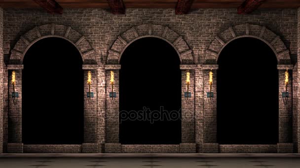 Arcos Medievales Del Castillo Con Antorchas Lazo Video — Vídeos de Stock