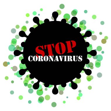Beyaz arkaplanda siyah virüs ve yazıtta Coronavirüs 'ü durdurun yazıyor.