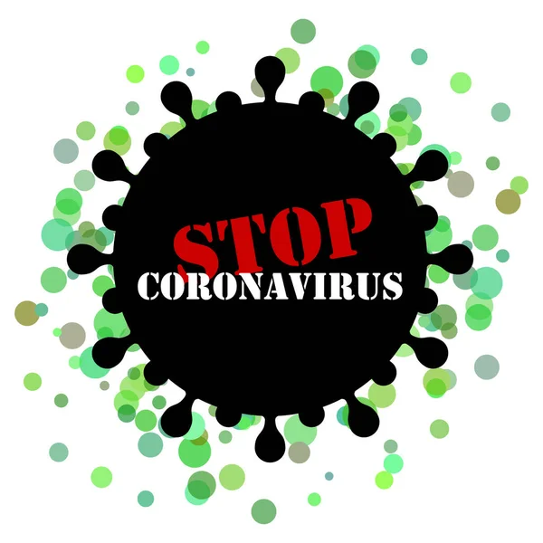 Μαύρος Ιός Λευκό Φόντο Και Επιγραφή Stop Coronavirus — Διανυσματικό Αρχείο