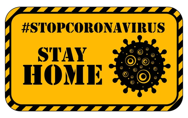 黄色の背景と注意事項に黒いウイルス Stay Home — ストックベクタ