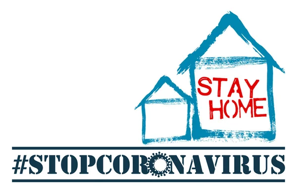Casa Azul Llamada Para Quedarse Casa Inscripción Stop Coronavirus Sobre Ilustración de stock