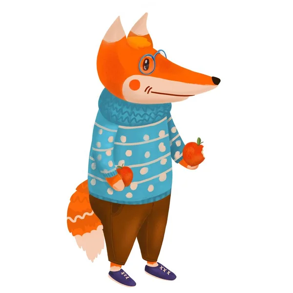 一只可爱的卡通狐狸 手里拿着两个苹果 穿着毛衣 裤子和鞋子 一个栅格插图 — 图库照片