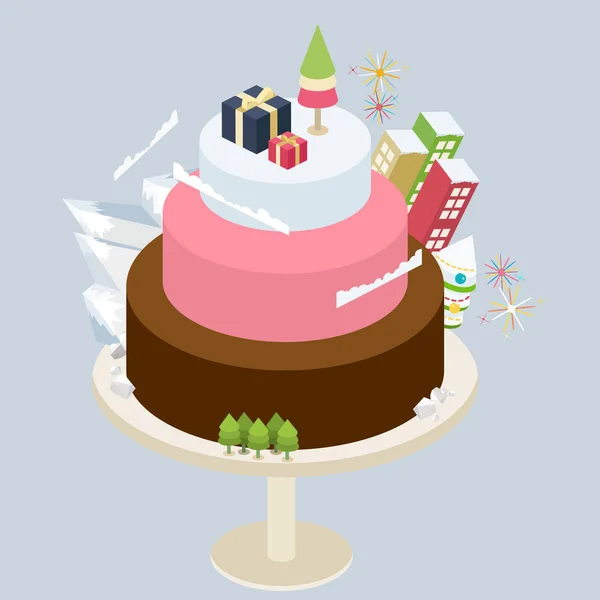 A festive chocolate cake with Christmas decorations — Stock Vector