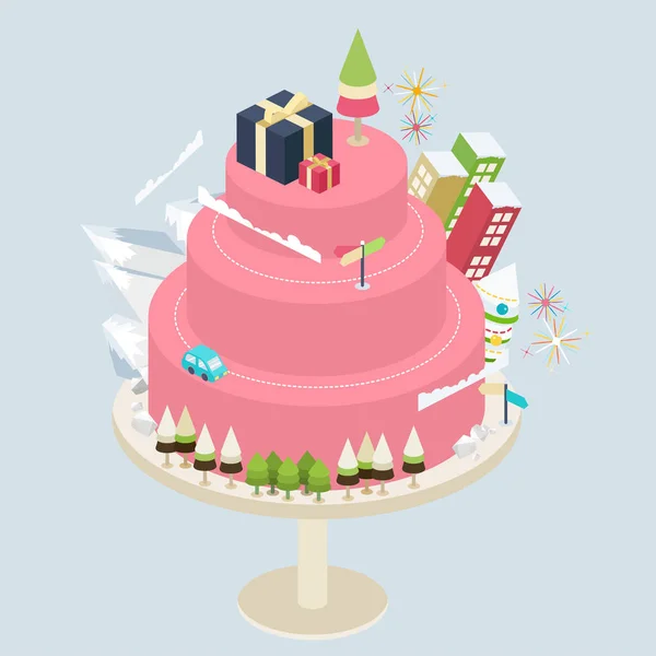 A festive raspberry cake with Christmas decorations — Stock Vector