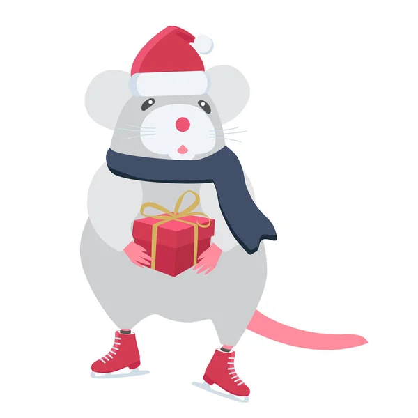 Rat blanc patineur sur glace avec un cadeau Vecteur En Vente