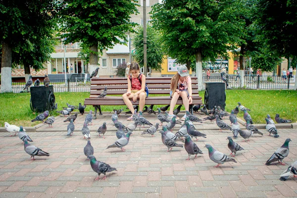 Gusev Russia June 2019 Young Girls Sit Bench Feed Pigeons — Stockfoto