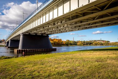 Litvanya 'da sonbahar. Panemune köprüsü Litvanya 'nın en uzun nehri, Kaunas' ın Nemunas nehri.