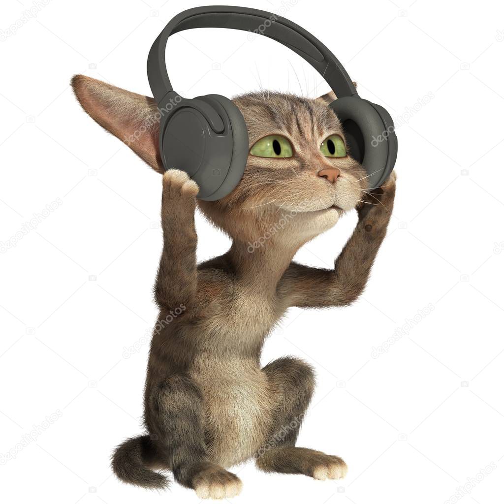 Kitten listens to music in headphones