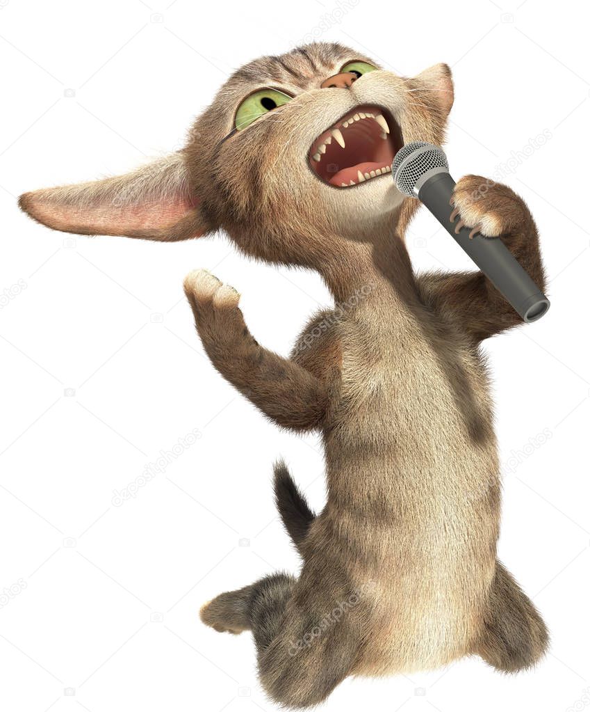 Cat sings in microphone. 