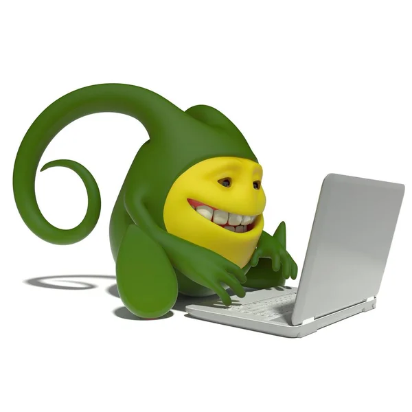 Monster die op laptop werkt — Stockfoto