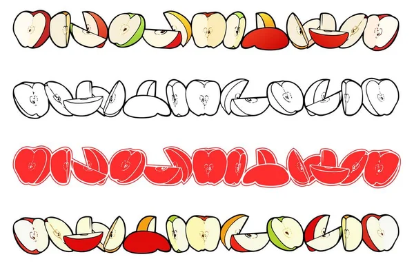 Pommes Tranchées Différents Types Dans Une Ligne Pour Dessin Bordure — Image vectorielle