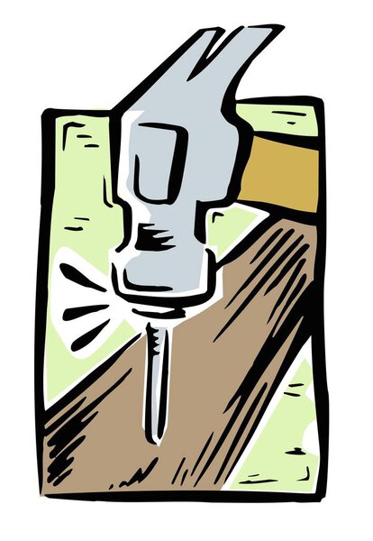 Свободная иллюстрация молотка, вбивающего гвоздь в кусок дерева
