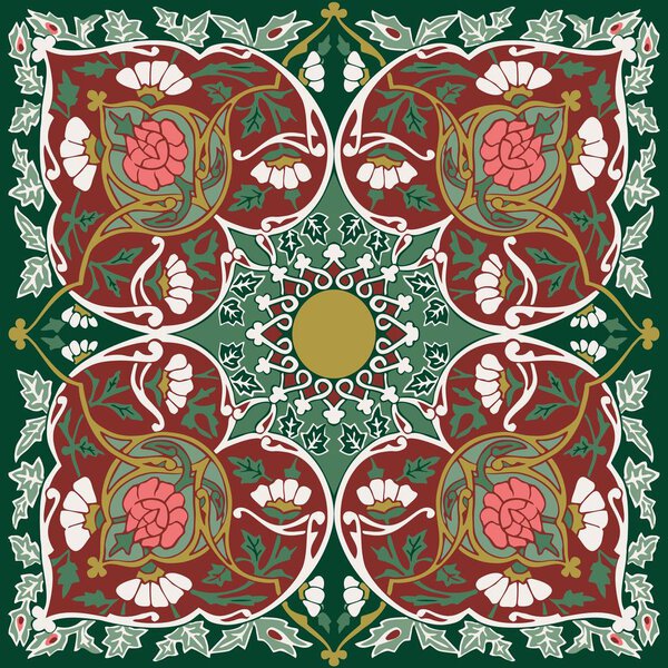 Банданна в таджикском русском стиле Дизайн Калейдоскопической симметрии в абстрактных цветочных дизайнах, характерных для Узбекистана и Афганистана, с иранским и исламским влиянием
.