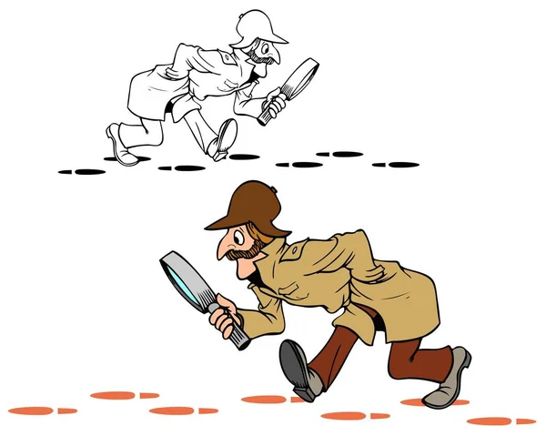 Detective Estilo Sherlock Siguiendo Las Pistas Viene Con Versión Contorno — Vector de stock