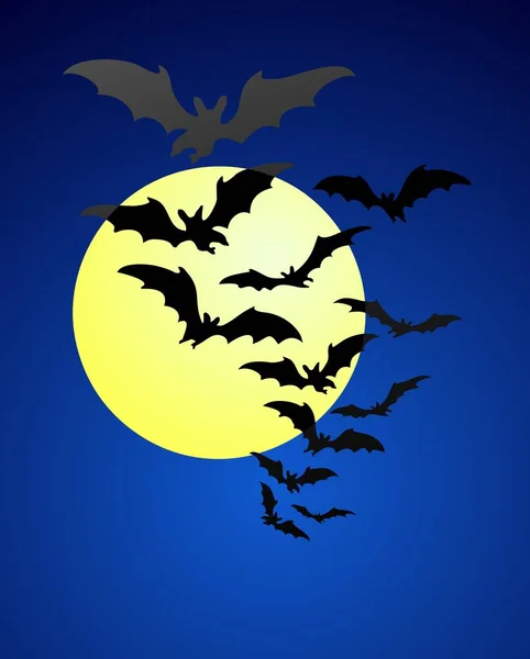 Una Bandada Murciélagos Volando Frente Una Luna Llena Cielo Despejado — Archivo Imágenes Vectoriales