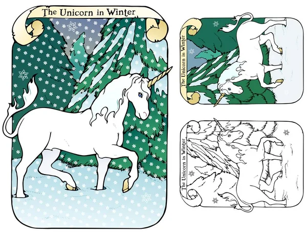 Unicornio Invierno Unicornio Caminando Por Bosque Nevado Con Variaciones — Archivo Imágenes Vectoriales