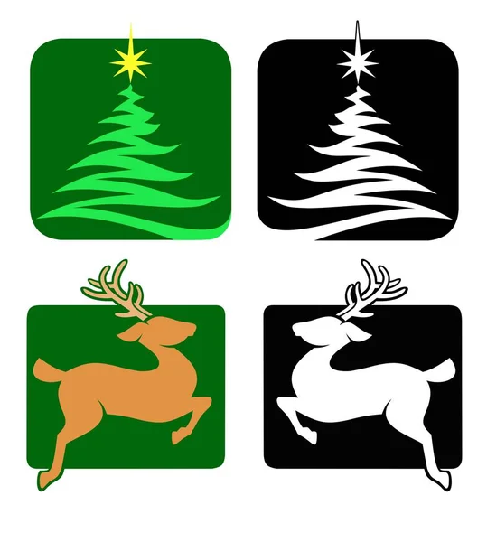 Christmas Emblems Black Outline Versions Reindeer Tree — Stock Vector