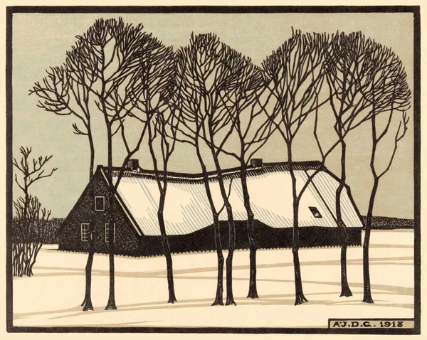 Granja Nieve Linocut Por Julie Graag 1918 —  Fotos de Stock