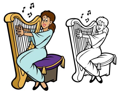 Arp çalan neşeli genç bir kadın. Bonus siyah taslak versiyonuyla