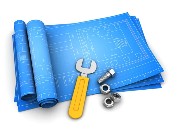 Rolled blueprints with wrench and nuts — Stock Photo, Image