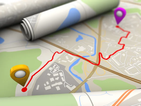 Map closeup with red route — Stock Photo, Image