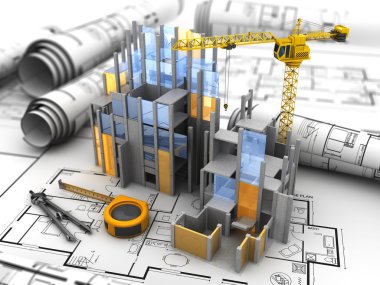 building construction over blueprints
