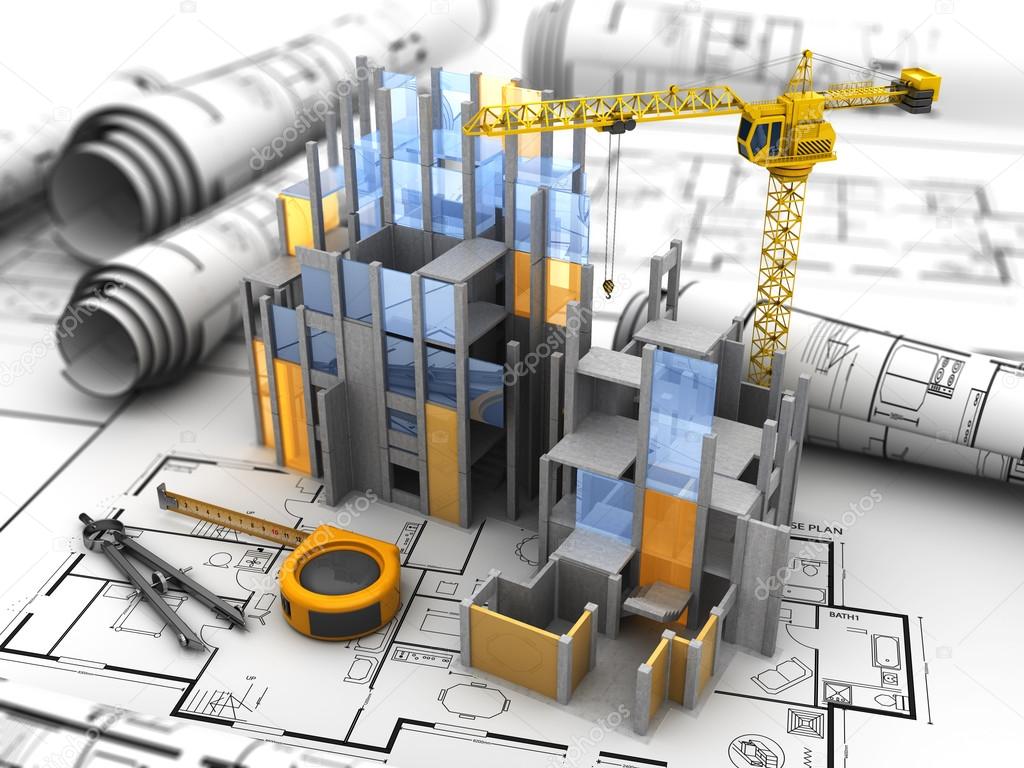 building construction over blueprints