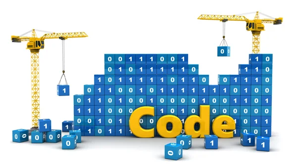 Cranes building binary code wall — Stock Photo, Image