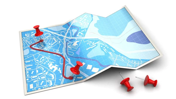 Blau gefaltete Karte und rote Route — Stockfoto