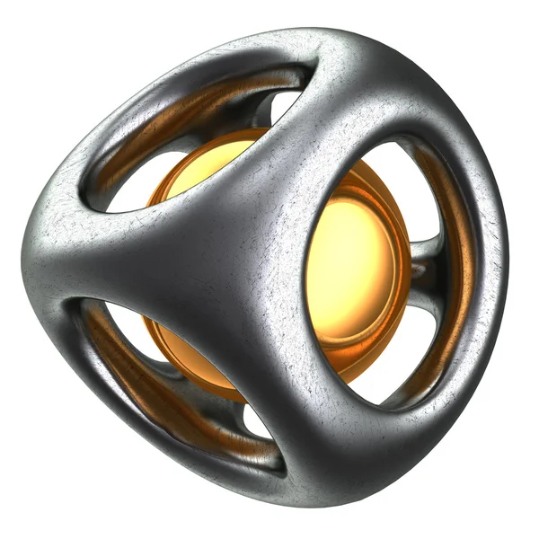 Металлическая конструкция с золотой сферой внутри — стоковое фото