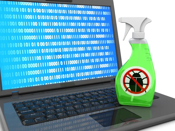 Debugging on screen and mosquito bottle on laptop — Stock Photo, Image