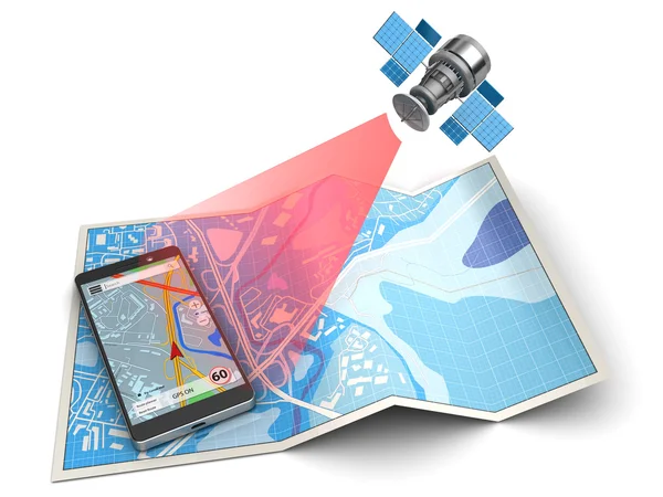 Satellite navigation and mobile placing on map — Stockfoto