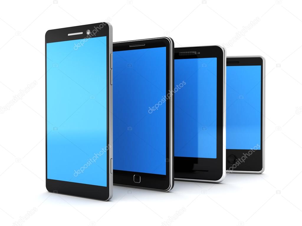 mobile phones with blue screens in row