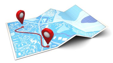 Blue folded map with route plan clipart