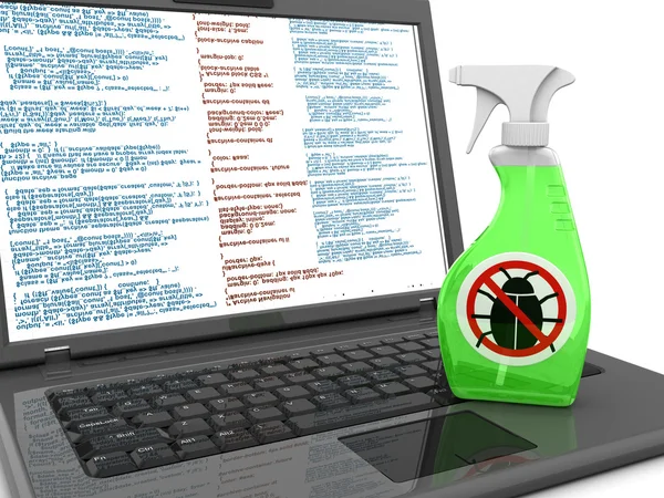 Отладка на экране и бутылка комара на ноутбуке — стоковое фото