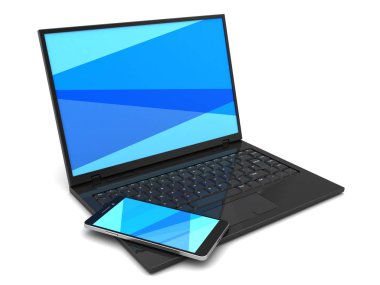 laptop ile mavi ekran ve cep telefonu