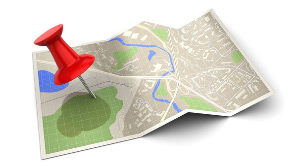 folded map and red pin