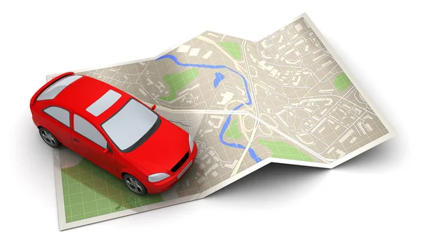 Red car placing on folded map — Stock Photo, Image