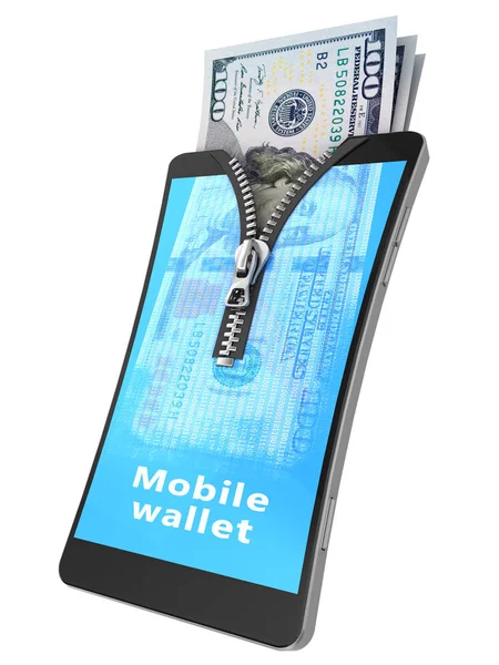 Mobile phone with zip and money — Stock Photo, Image