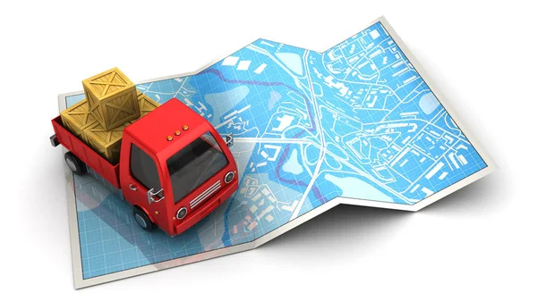 Red truck placing on folded map — Stock Photo, Image