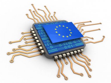 AB bayrağı ve ikili kod ile 3D işlemci