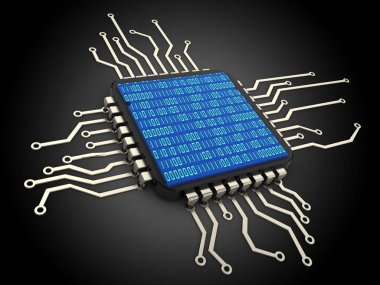 bilgisayar çipi ve içinde ikili kod