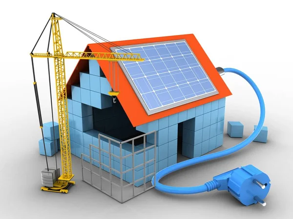 Haus mit Solarenergie und Baustelle — Stockfoto