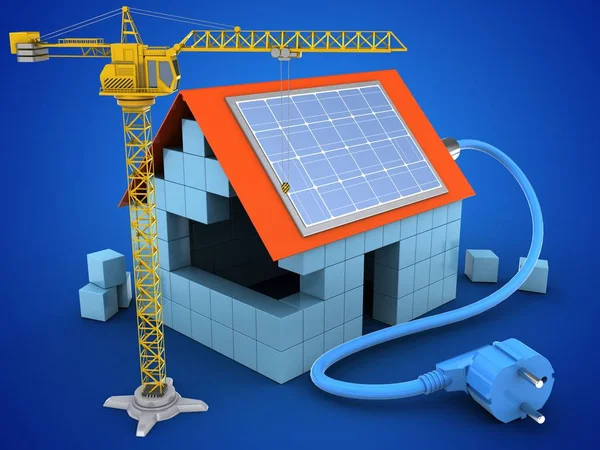 Hus med solenergi og kran – stockfoto