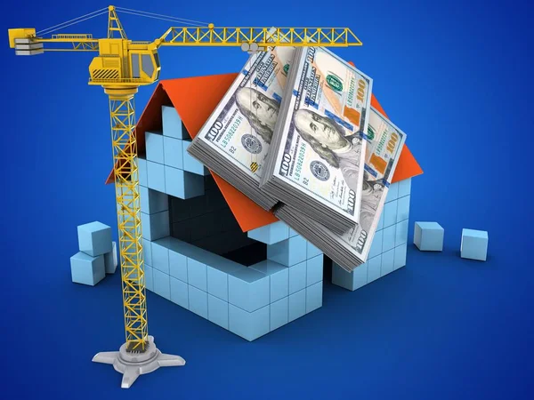 block house with money and crane